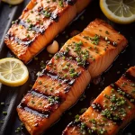 Close-up of grilled honey garlic salmon fillets drizzled with sauce and garnished with green onions.