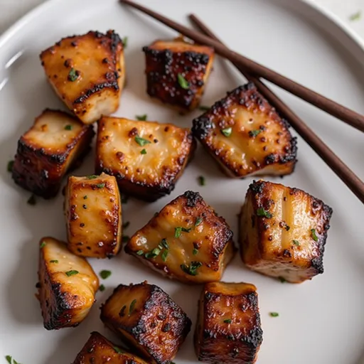 Sweet Meets Savory: Air Fryer Honey Garlic Salmon Bites That Steal the Show Close-up of golden-brown Air Fryer Honey Garlic Salmon Bites garnished with green onions.