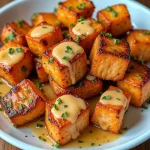 Close-up of garlic honey glazed salmon bites on a plate.