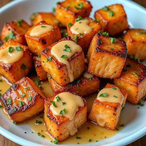 Sweet Meets Savory: Irresistible Garlic Honey Salmon Bites You’ll Adore Close-up of garlic honey glazed salmon bites on a plate.