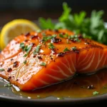 Close-up of a baked garlic honey salmon fillet drizzled with sauce, garnished with parsley.