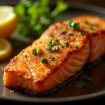 Close-up of crispy air fryer salmon fillet topped with zesty garlic lemon butter sauce and garnished with fresh parsley.