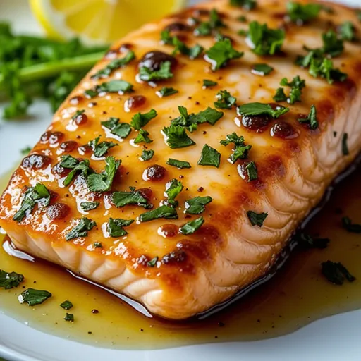 Why My Honey Garlic Butter Baked Salmon Is the Ultimate Weeknight Delight Close-up of a glazed Honey Garlic Butter Baked Salmon fillet with herbs on a wooden plate.