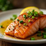 Close-up of a honey garlic salmon fillet garnished with green onions and lemon, with a blurred background.
