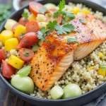 Close-up of a Honey Garlic Salmon Quinoa Bowl with vibrant vegetables and garnishes.