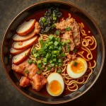 Close-up of a steaming bowl of Korean ramen with vibrant ingredients.