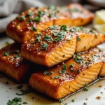 Close-up of baked honey garlic salmon fillet drizzled with sauce, garnished with green onions.