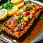 Close-up of succulent garlic butter honey baked salmon garnished with fresh parsley.