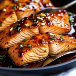 A close-up of beautifully glazed Honey Garlic Salmon fillets garnished with green onions and lemon wedges.