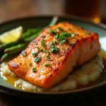 Close-up of baked salmon fillets drizzled with honey garlic butter and garnished with parsley.