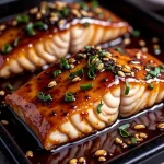 Close-up of crispy honey garlic glazed salmon fillet, garnished with green onions and sesame seeds.