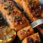 A close-up of Honey Garlic Salmon fillets garnished with green onions and lemon wedges.