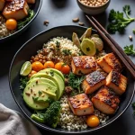 Close-up of Honey Garlic Salmon Bowl with salmon, rice, broccoli, and avocado.