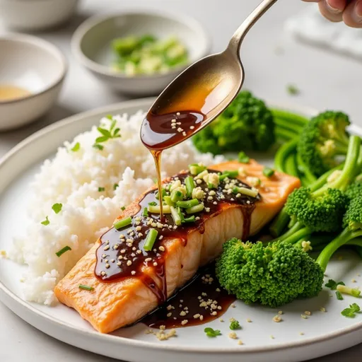 The 15-Minute Honey Garlic Salmon That Feels Like a Cozy Dinner Party Close-up of Honey Garlic Salmon fillet drizzled with sauce, garnished with parsley, lemon wedge on the side.