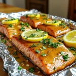Close-up view of Honey Garlic Butter Salmon fillets in foil, garnished with lemon slices and fresh parsley.