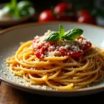 Close-up of a plate of Authentic Spaghetti All’assassina with vibrant tomato sauce and garnished with basil.