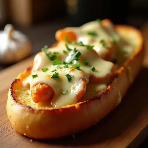 Mouthwatering Chicken Alfredo Garlic Bread: A Cozy Culinary Adventure Close-up of Chicken Alfredo Garlic Bread topped with melted cheese and herbs.