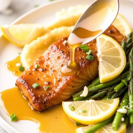 Close-up shot of Lemon Honey Glazed Salmon fillet garnished with lemon slices and parsley.