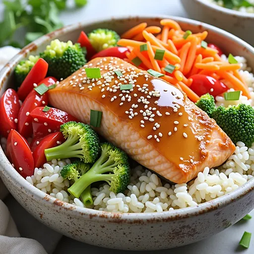 A close-up of a honey garlic salmon rice bowl with broccoli and garnishes on a wooden table.