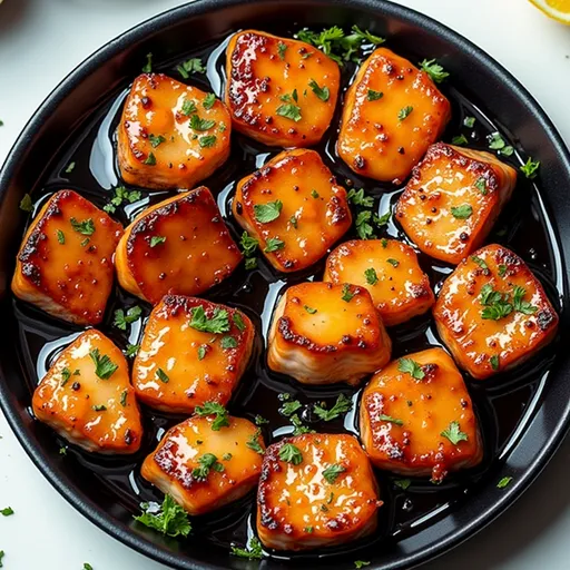 Close-up of succulent Honey Butter Garlic Glazed Salmon Bites garnished with parsley on a wooden plate.