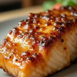 Close-up of honey glazed air fryer salmon fillets garnished with parsley and lemon wedges.
