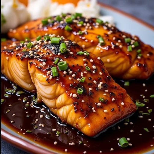 Close-up of honey garlic glazed salmon fillet with a glossy sauce, garnished with green onions and sesame seeds.