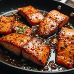 Close-up of crispy honey garlic glazed salmon fillet, garnished with green onions, against a blurred background.