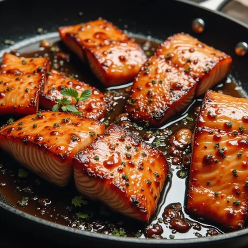 Close-up of crispy honey garlic glazed salmon fillet, garnished with green onions, against a blurred background.