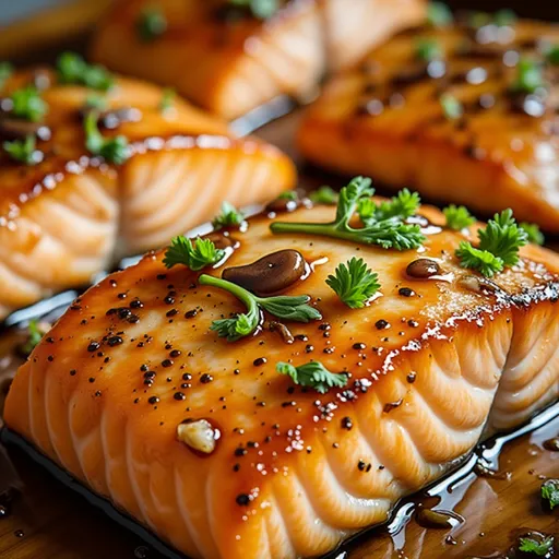 Close-up of honey garlic salmon fillet drizzled with sticky lemon glaze, garnished with lemon slices and parsley.