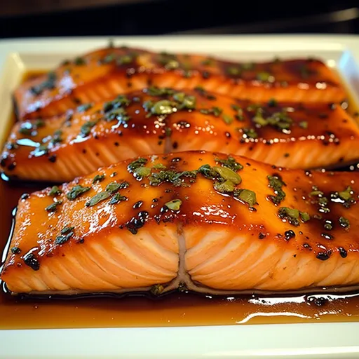 Close-up of succulent honey garlic salmon fillet with garnish.