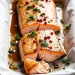 Close-up of a vibrant salmon fillet marinated with olive oil, soy sauce, and honey, set on a rustic wooden table.