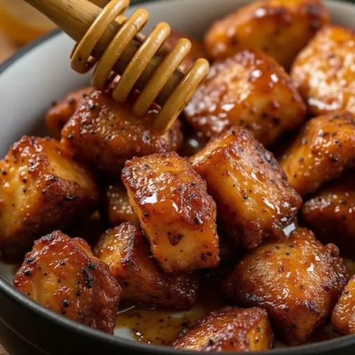 Close-up of Hot Honey Salmon Bites drizzled with honey and garnished with parsley.