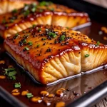 Close-up of crispy honey garlic glazed salmon fillet garnished with green onions and sesame seeds.