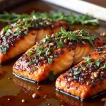 Close-up of crispy honey garlic salmon fillet garnished with green onions, highlighted in warm natural light.