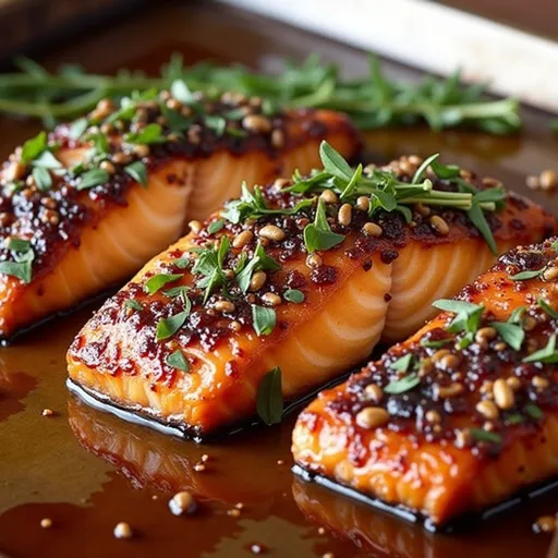 Close-up of crispy honey garlic salmon fillet garnished with green onions, highlighted in warm natural light.
