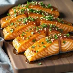 Close-up of honey garlic salmon fillets garnished with green onions.