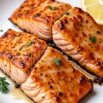 A close-up of Air Fryer Honey Garlic Salmon with a glossy glaze and garnished with green onions.