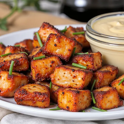 Sweet and Savory Salmon Bites: A Delightful Air Fryer Adventure Close-up of honey garlic salmon bites in an air fryer, showcasing a golden-brown glaze.