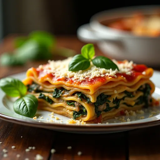 The Creamy Spinach and Mushroom Lasagna That Feels Like Home Close-up of creamy spinach and mushroom lasagna with melted cheese on top, served in a rustic dish.