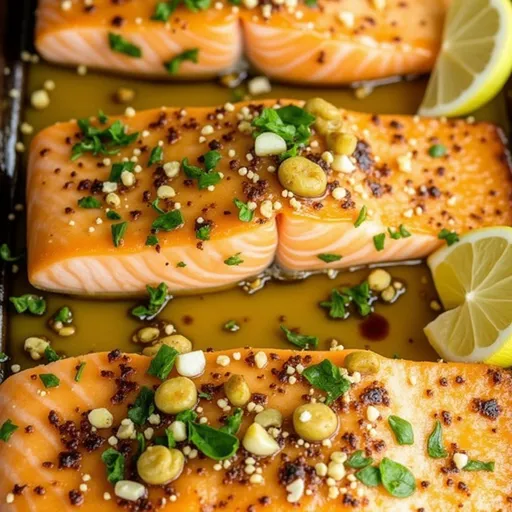 Why This Honey Garlic Butter Baked Salmon Will Become Your New Go-To Dinner Close-up of a baked salmon fillet glazed with honey garlic butter, garnished with parsley.