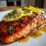 Close-up of honey garlic butter baked salmon fillet with a glossy glaze and herbs.