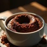 A close-up of a high-protein chocolate mug cake topped with chocolate shavings.