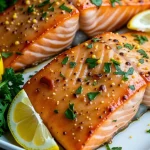 Close-up of air fryer lemon garlic salmon garnished with parsley.