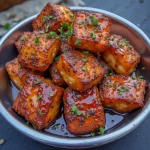 Close-up of crispy honey garlic salmon bites garnished with green onions.