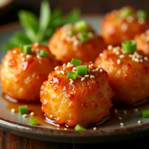 Close-up of golden-brown crispy salmon bites glazed in honey garlic sauce, garnished with sesame seeds and green onions.