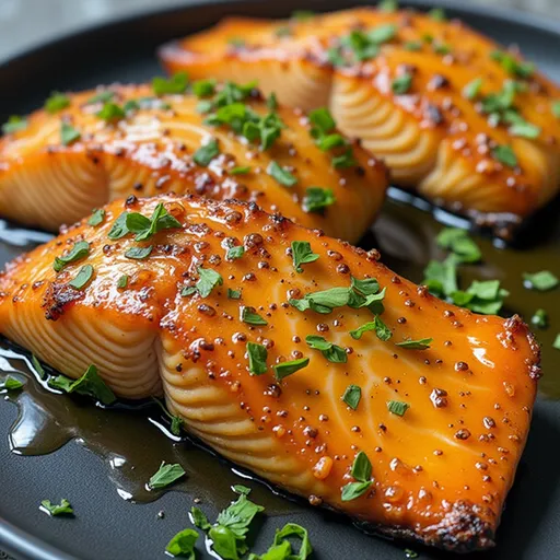 Close-up of honey garlic salmon fillets garnished with green onions and lemon wedges.
