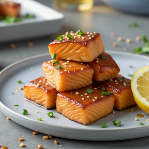 Close-up of a bowl filled with honey garlic salmon bites, rice, and broccoli.