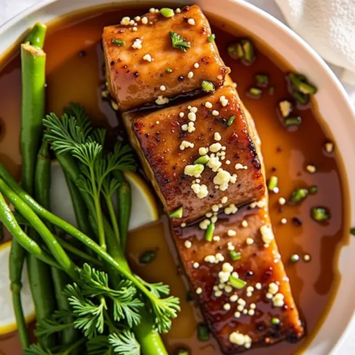 Close-up of a honey garlic salmon fillet drizzled with sauce, garnished with parsley and lemon wedges.