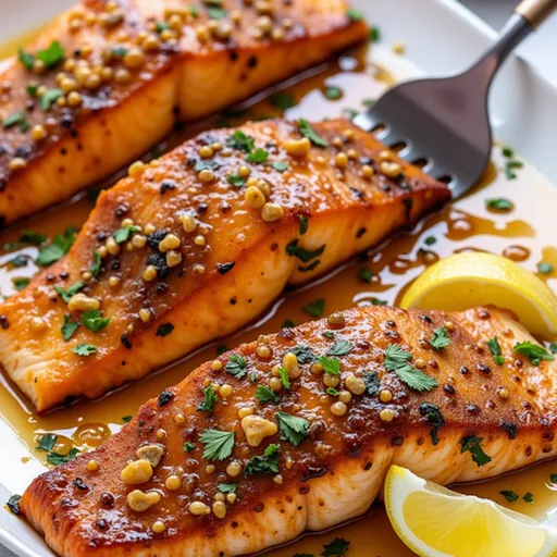 Close-up of Honey Garlic Salmon on a plate, garnished with parsley.