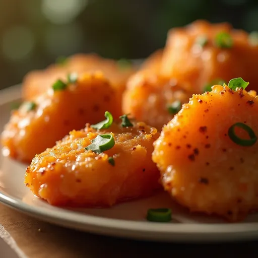 Close-up of crispy honey garlic salmon bites garnished with green onions and sesame seeds.